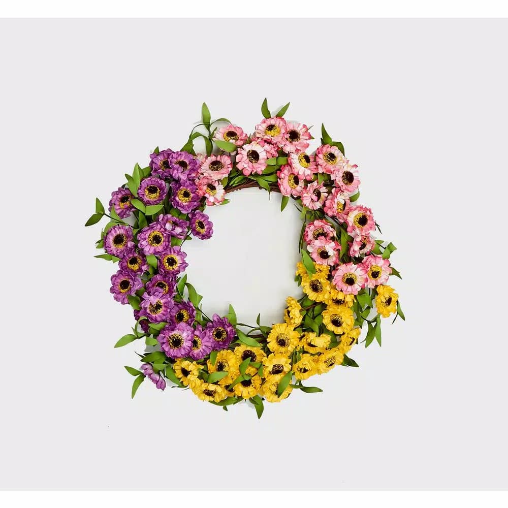 Worth Imports 20 in. Mixed Daisy Silk Flower Wreath - Pink, Purple, and Yellow