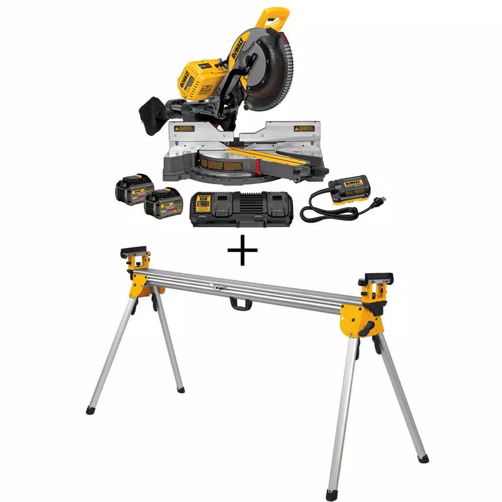 DEWALT 12 in. FLEXVOLT Brushless Sliding Compound Miter Saw Kit with Stand, 2 6.0 Ah Batteries & AC Adapter