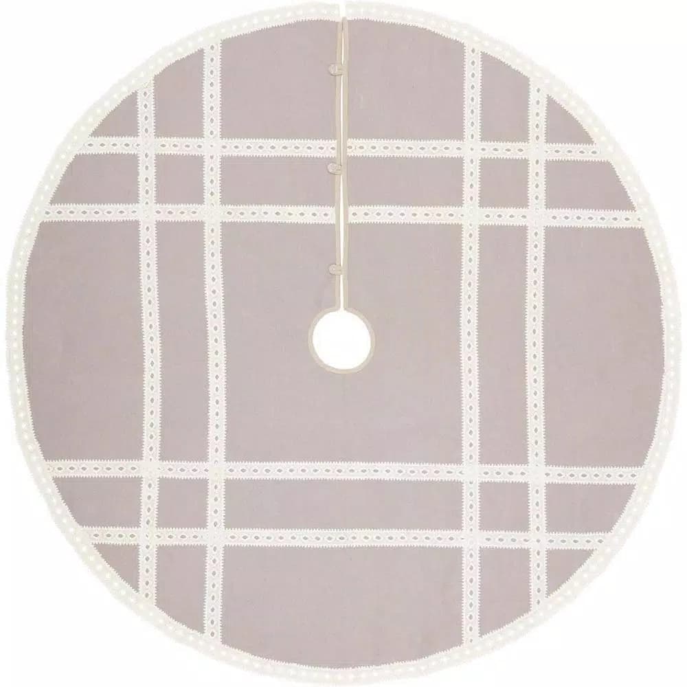 VHC Brands 55 in. Grey Margot Farmhouse Christmas Tree Skirt with Diamond Lace and Chambray