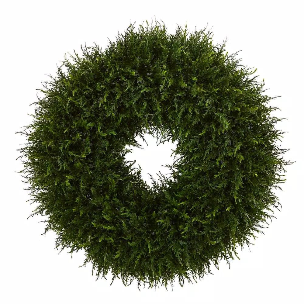 Nearly Natural 32 in. Giant Cedar Artificial Wreath, Luxurious Green Silk Leaves