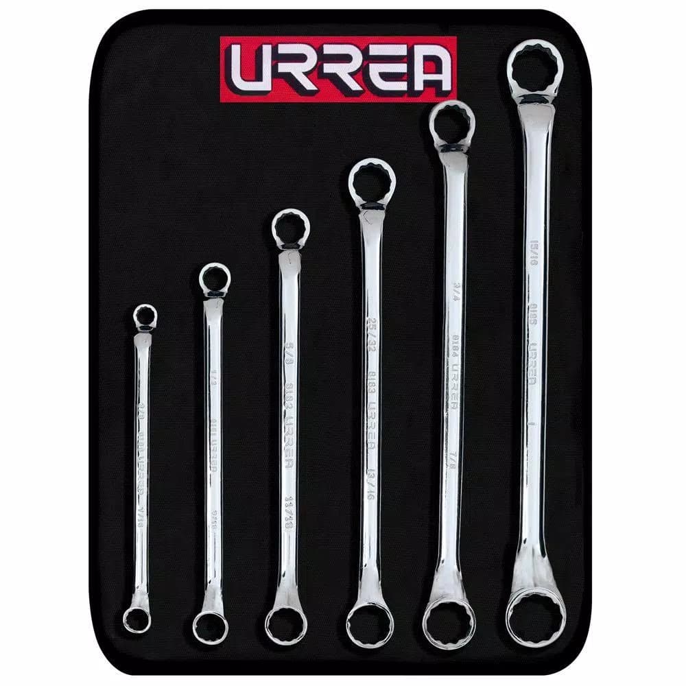 URREA 6-Piece SAE 45-Degree 12-Point Box End Wrench Set with Canvas Rollup Pouch