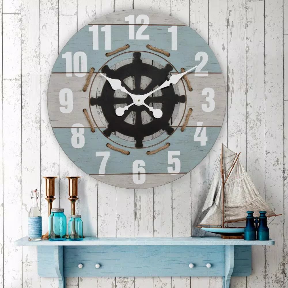 La Crosse Clock Co. 24 in. Blue Coastal Nautical Round Wall Clock