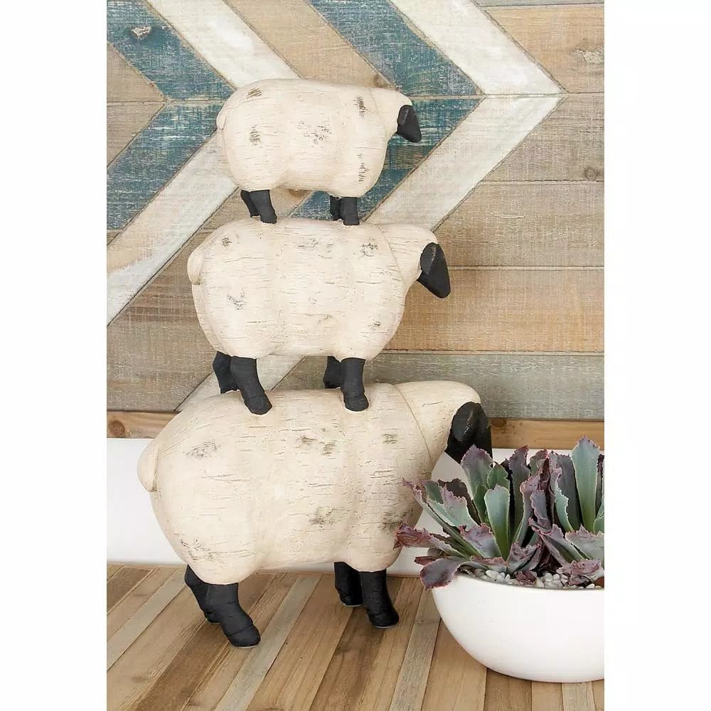 LITTON LANE 3-Stacked Sheep Polystone Sculpture - Off White Farmhouse Decor