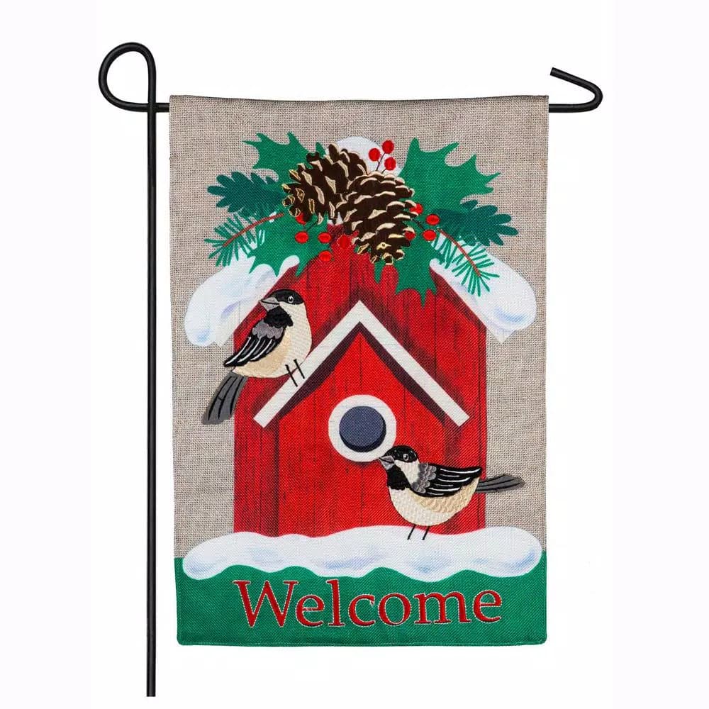 Evergreen Holiday Chickadee Birdhouse Garden Burlap Flag, 18 x 12.5 in., Double-Sided Christmas Decor