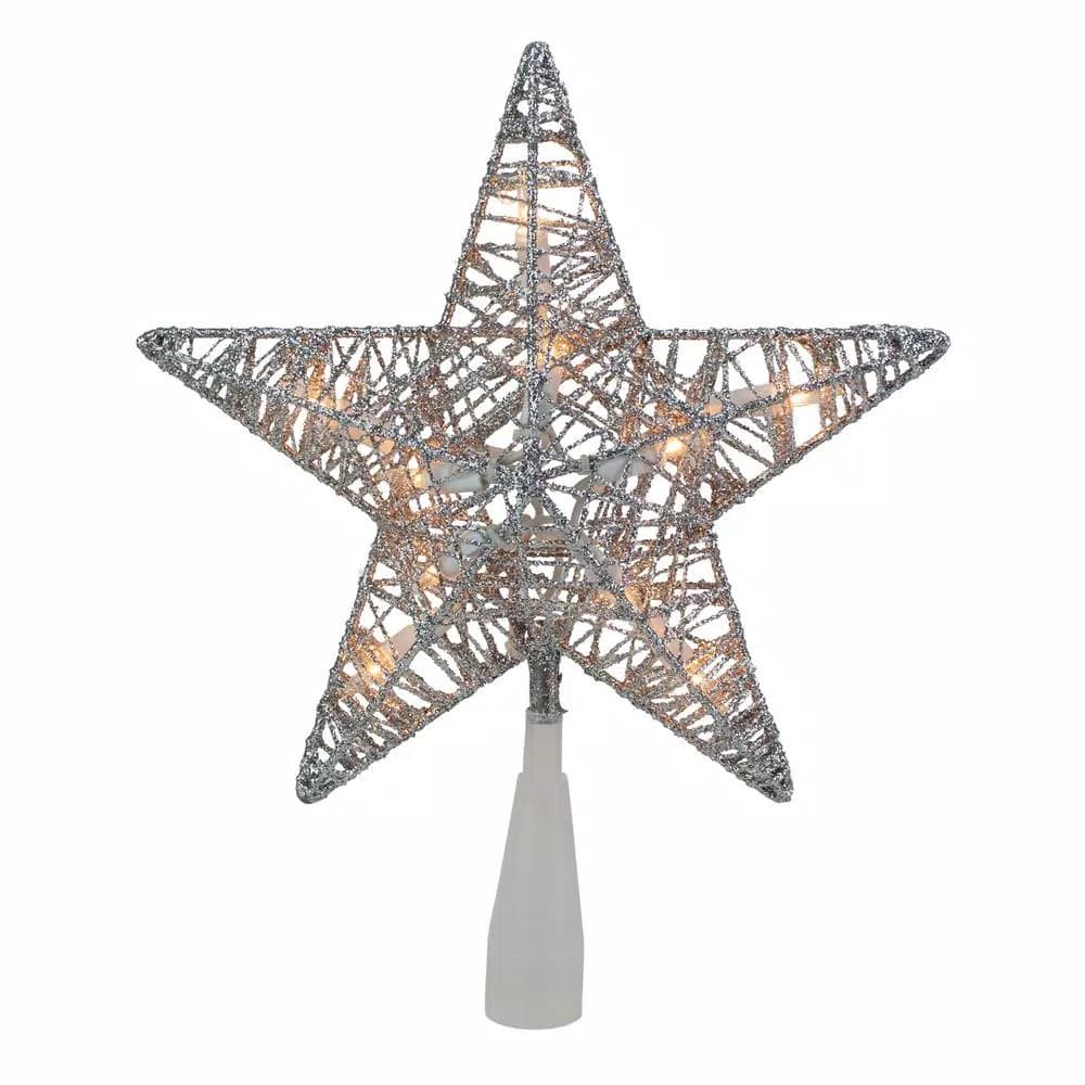 Northlight 9.5 in. Silver Glitter 5-Point Star Christmas Tree Topper with 10 Clear Mini Lights