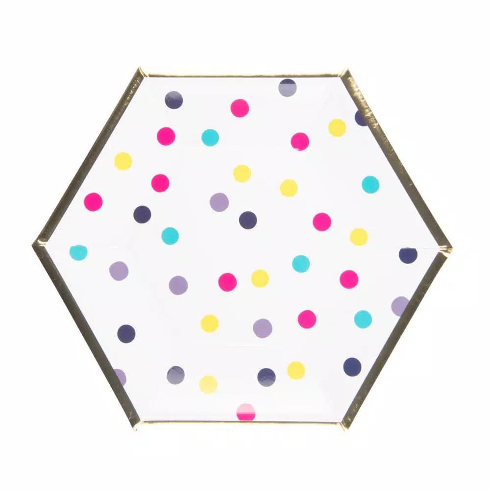 Sugar Plum Party SugarPlum Collection Confetti Hexagon Salad Plates, 16-Piece Multicolor Polka Dot with Gold Rim