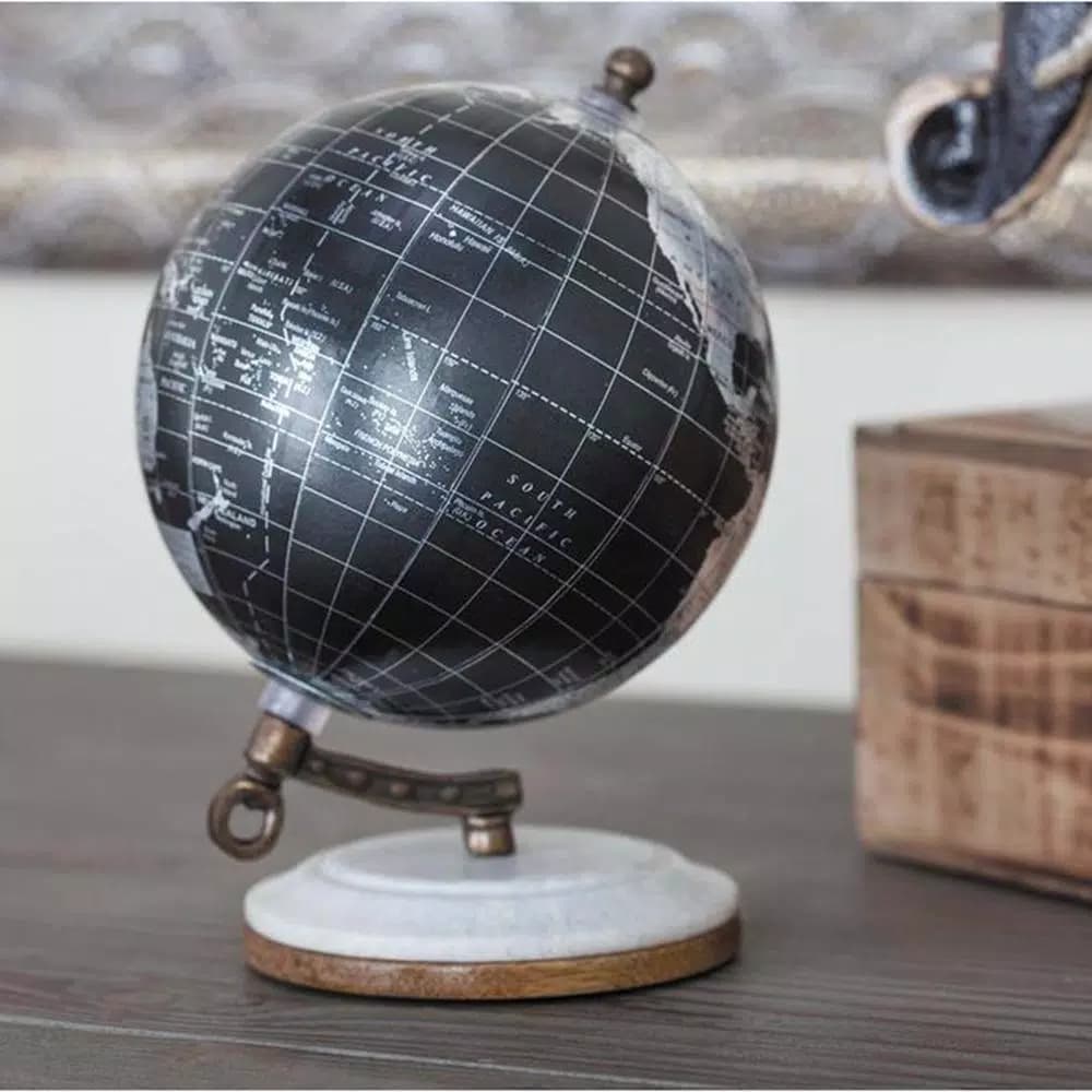 LITTON LANE Modern Reflections 7 in. Decorative Black and Silver Table Globe with Marble and Mango Wood Base