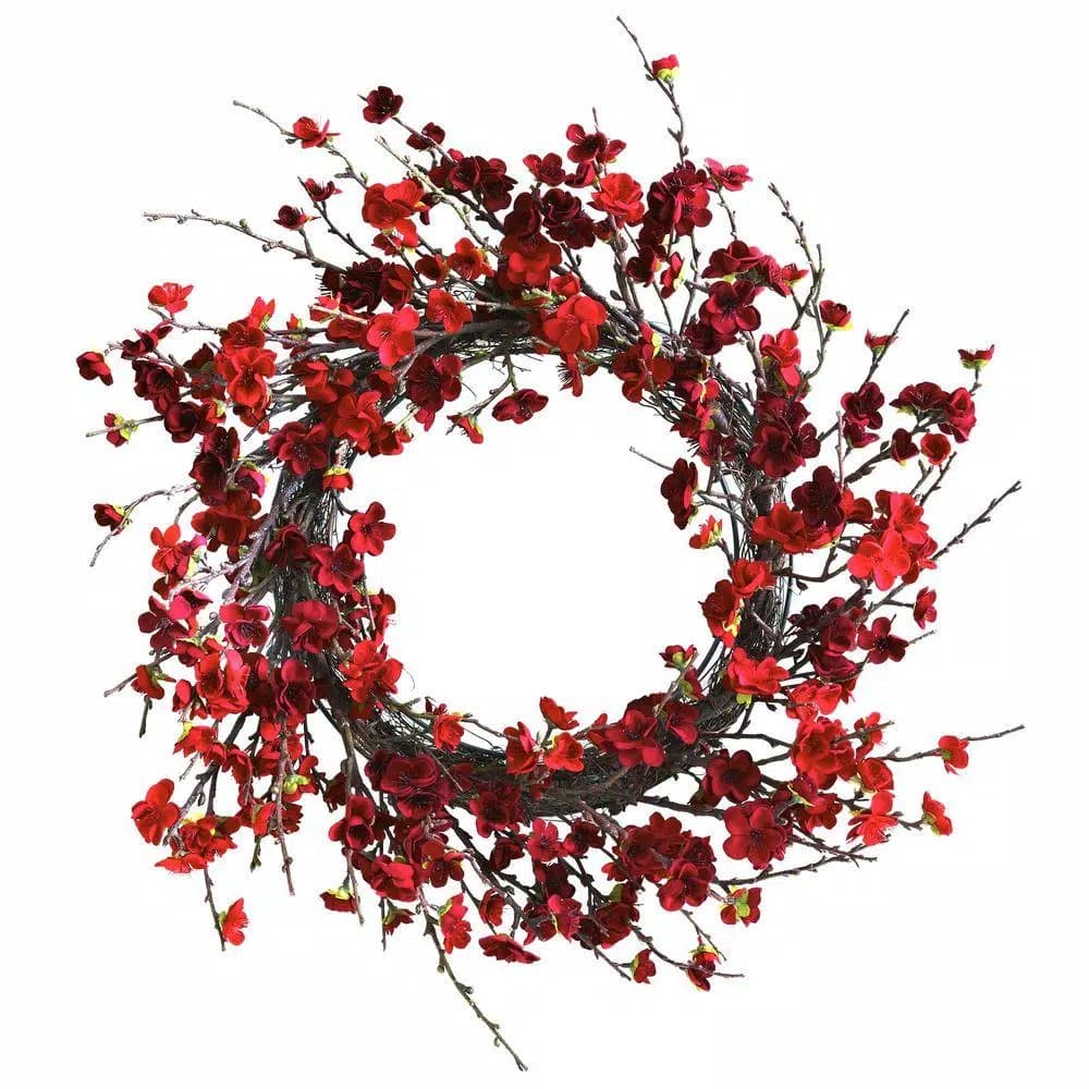 Nearly Natural 24 in. Artificial Plum Blossom Wreath, Red Floral Decor