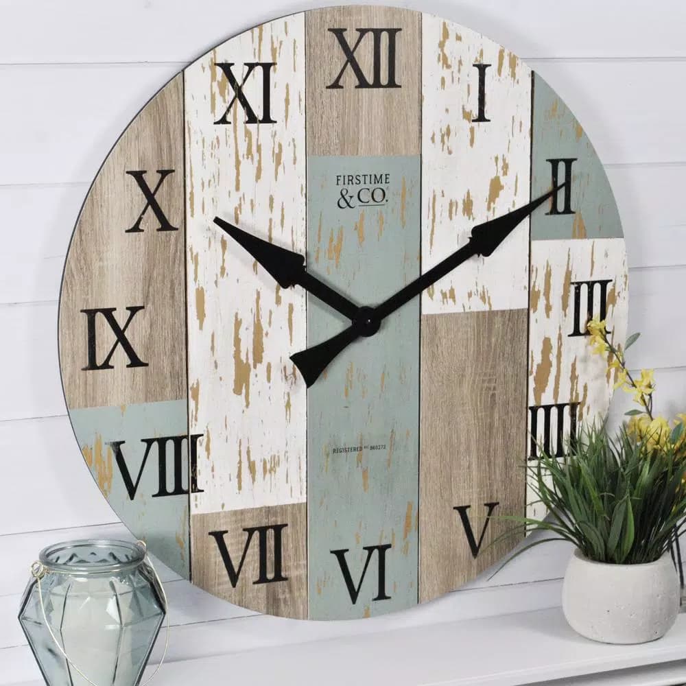 FirsTime 27 in. Timberworks Oversized Wall Clock - Rustic Distressed Wood & Teal