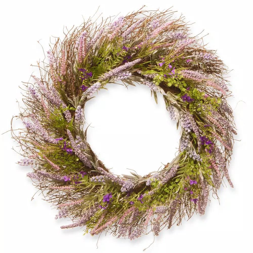 National Tree Company 24 in. Lavender Wreath with Bristle Branches and Leafy Greens