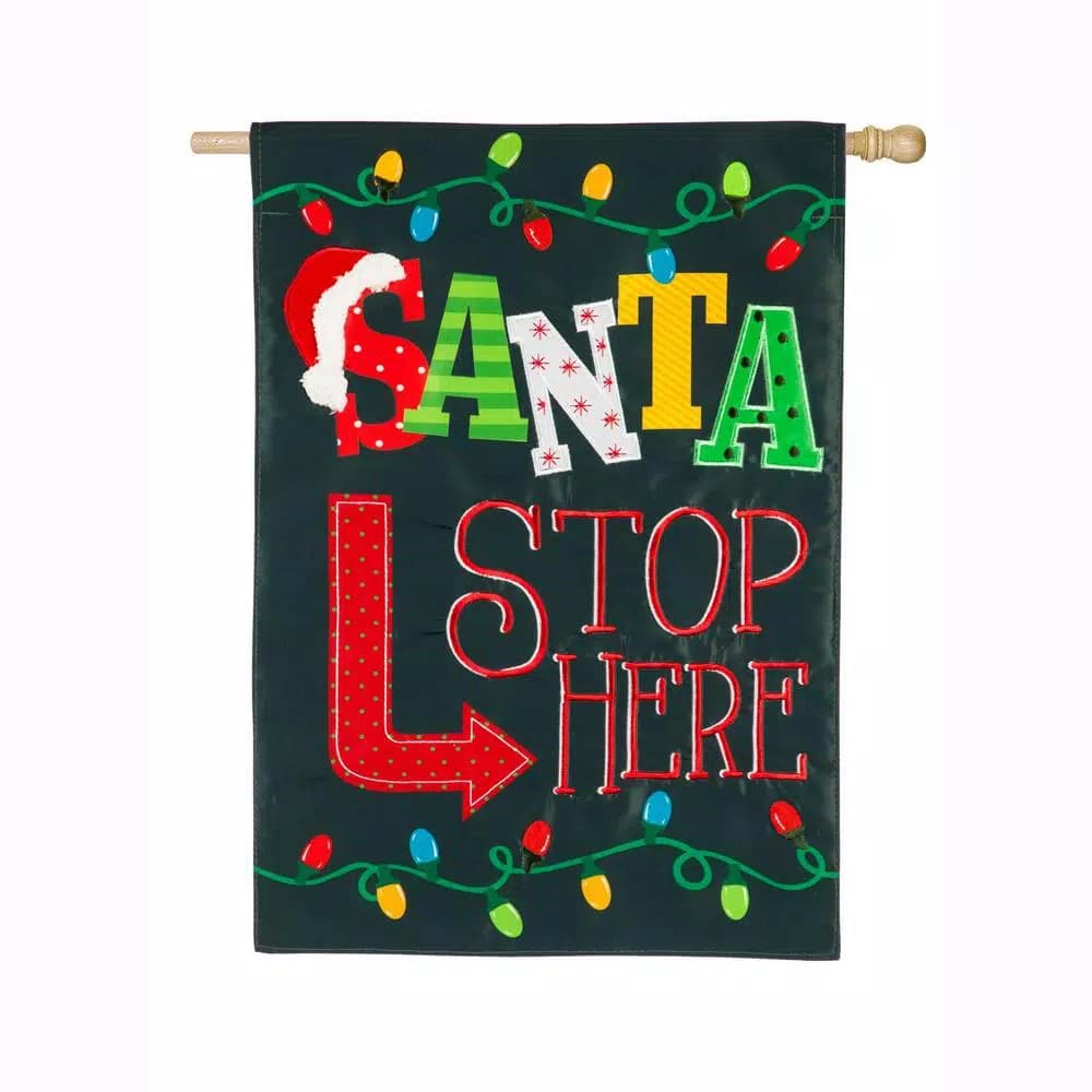 Evergreen Santa Stop Here House Applique Christmas Flag, 28 x 44 in.