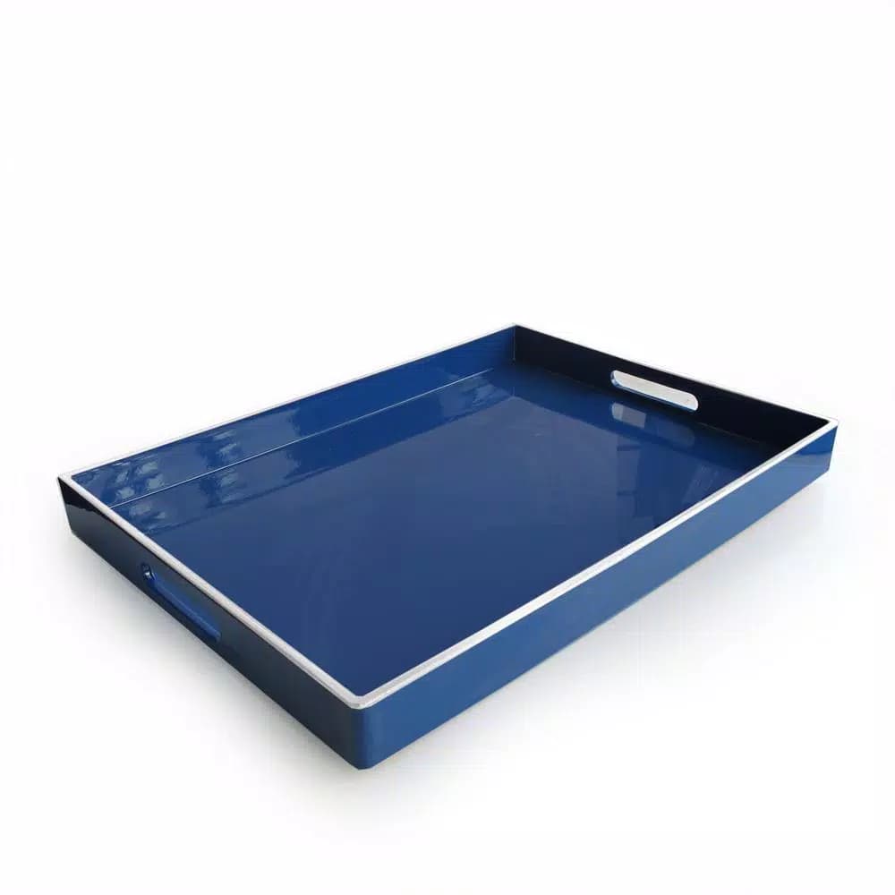 American Atelier Olive Blue Polypropylene Rectangular Serving Tray with White Rim and Integrated Handles