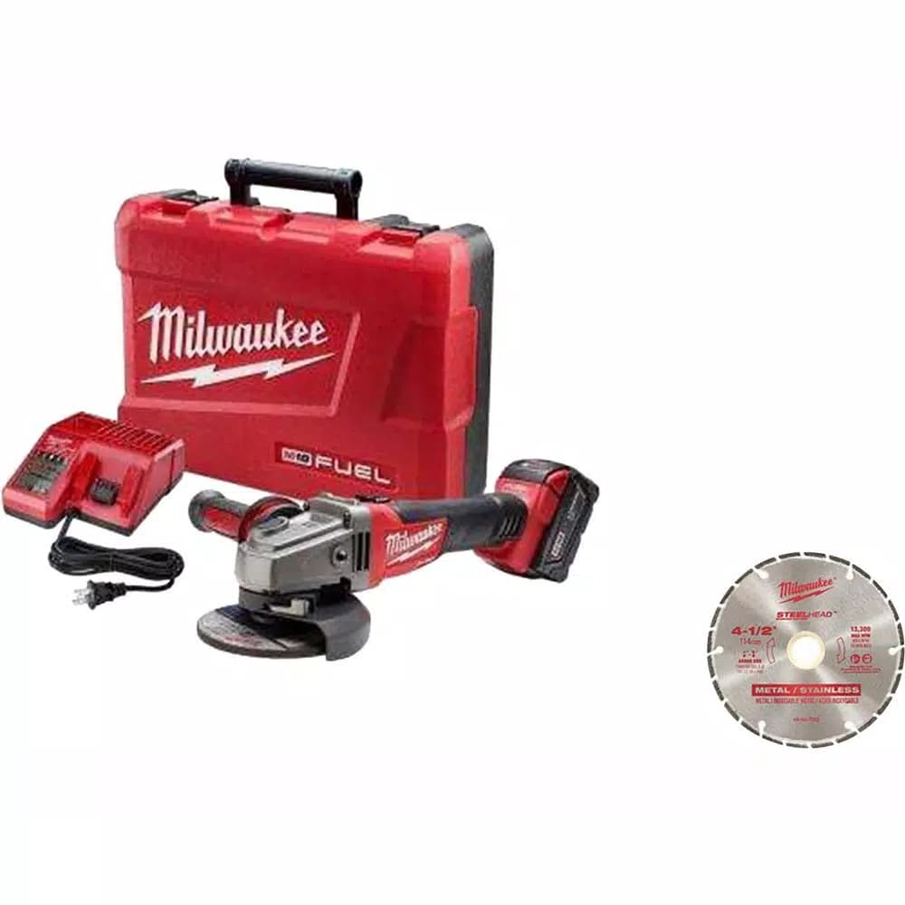 Milwaukee M18 FUEL 18V Brushless 4-1/2 in. Angle Grinder Kit w/ 5.0 Ah Battery, Charger & Diamond Blade