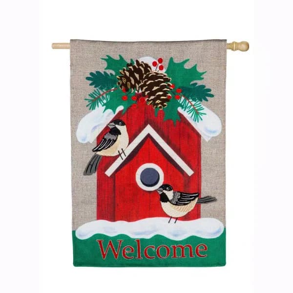 Evergreen Holiday Chickadee Birdhouse Christmas Burlap Style Flag, 28 x 44 in.