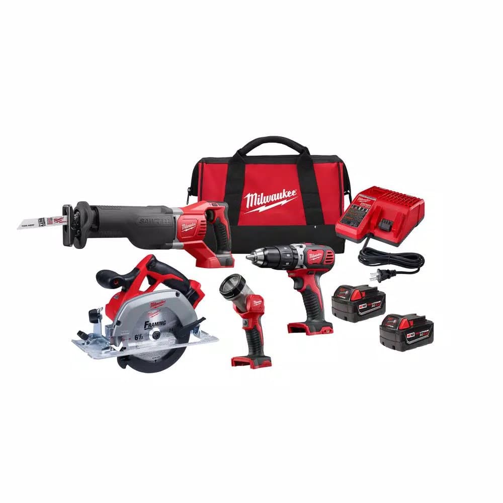 Milwaukee M18 18V Lithium-Ion Cordless 4-Tool Combo Kit with (2) 3.0 Ah Batteries, Charger, and Tool Bag
