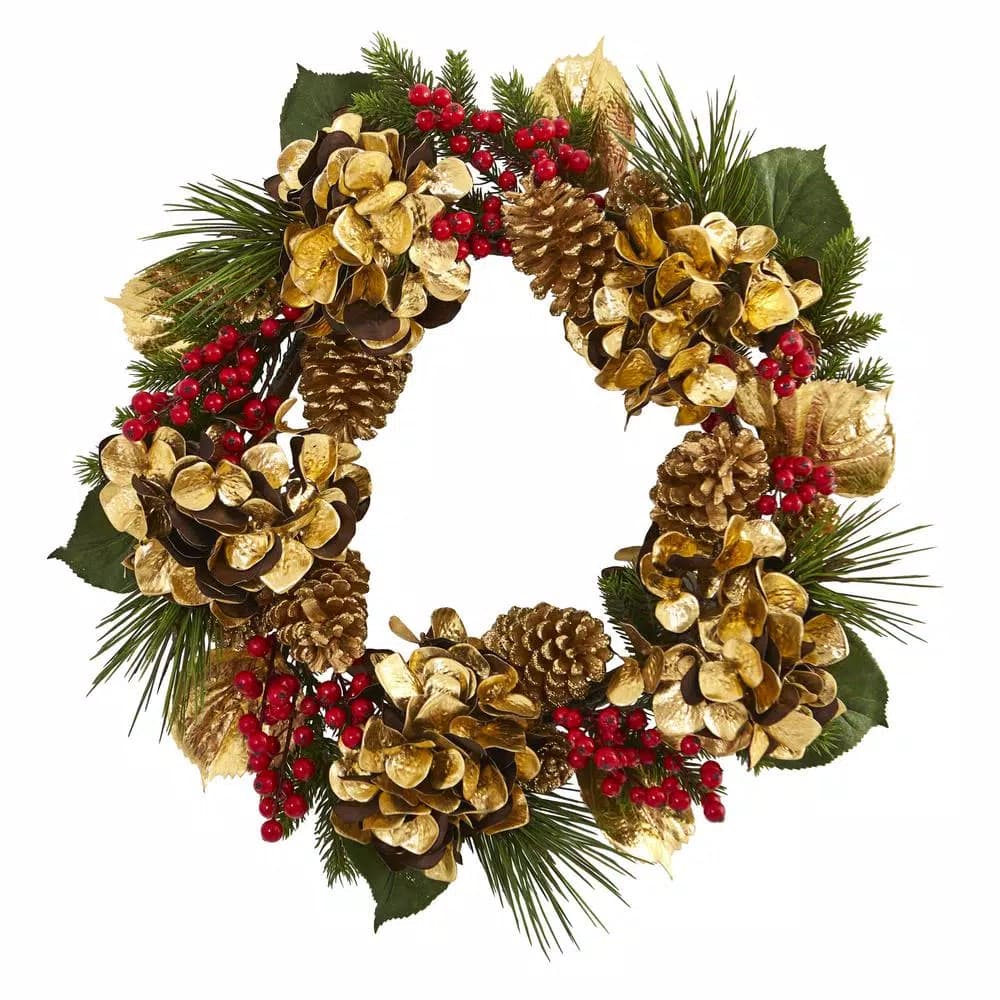 Nearly Natural 24in. Artificial Holiday Wreath with Golden Hydrangea, Red Berries, and Pine