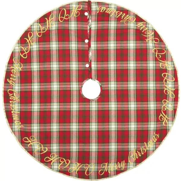 VHC Brands 48 in. Holiday Cherry Red Plaid Cotton Christmas Tree Skirt with Gold Embroidery