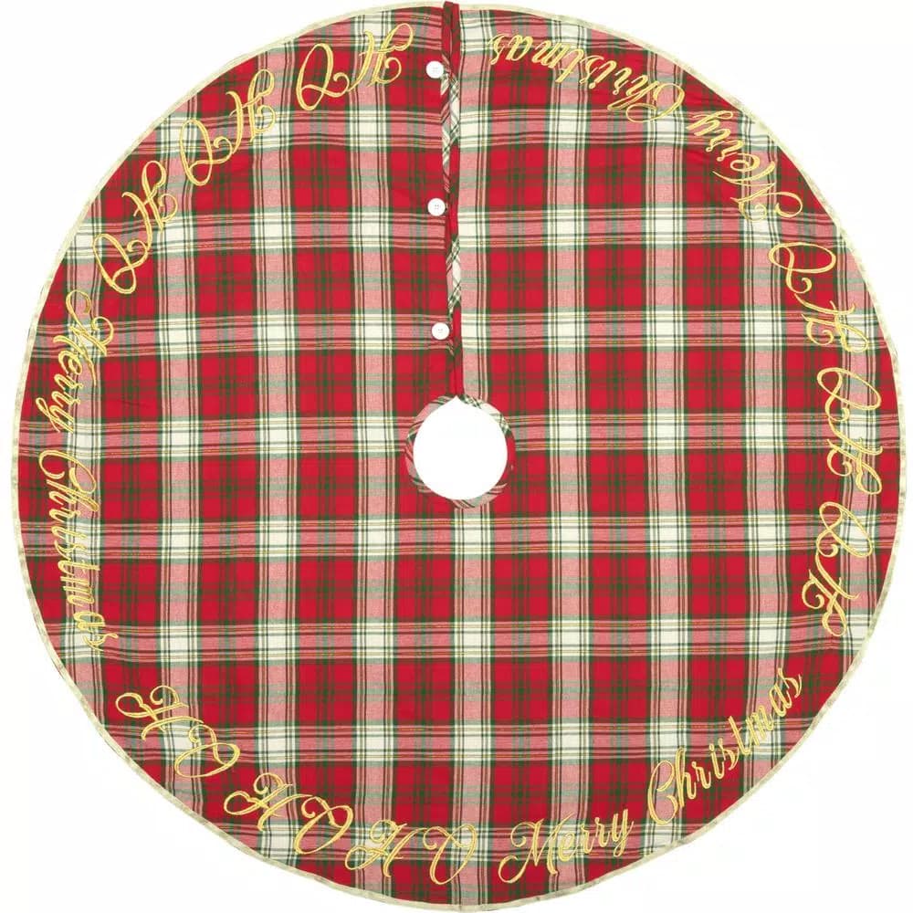 VHC Brands 48 in. Holiday Cherry Red Plaid Cotton Christmas Tree Skirt with Gold Embroidery
