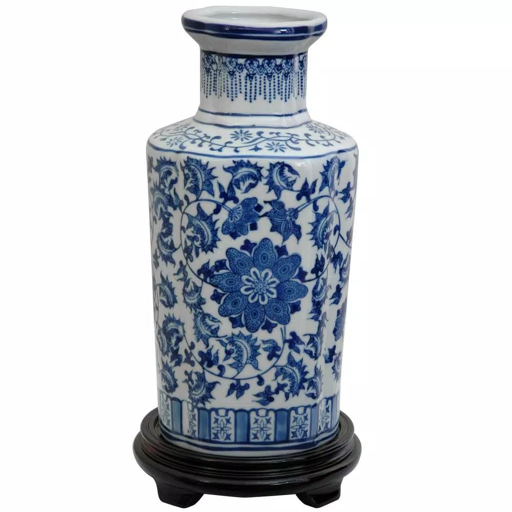 Oriental Furniture 12 in. Blue and White Porcelain Decorative Vase, Ming Style