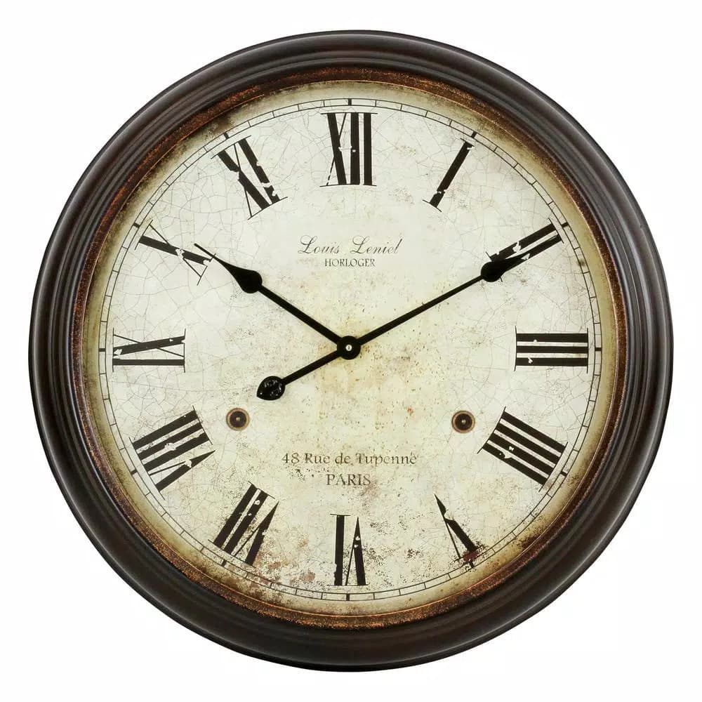 Aspire Home Accents Emmaline Distressed Brown Round Wall Clock - Oversized Romanesque Iron Frame