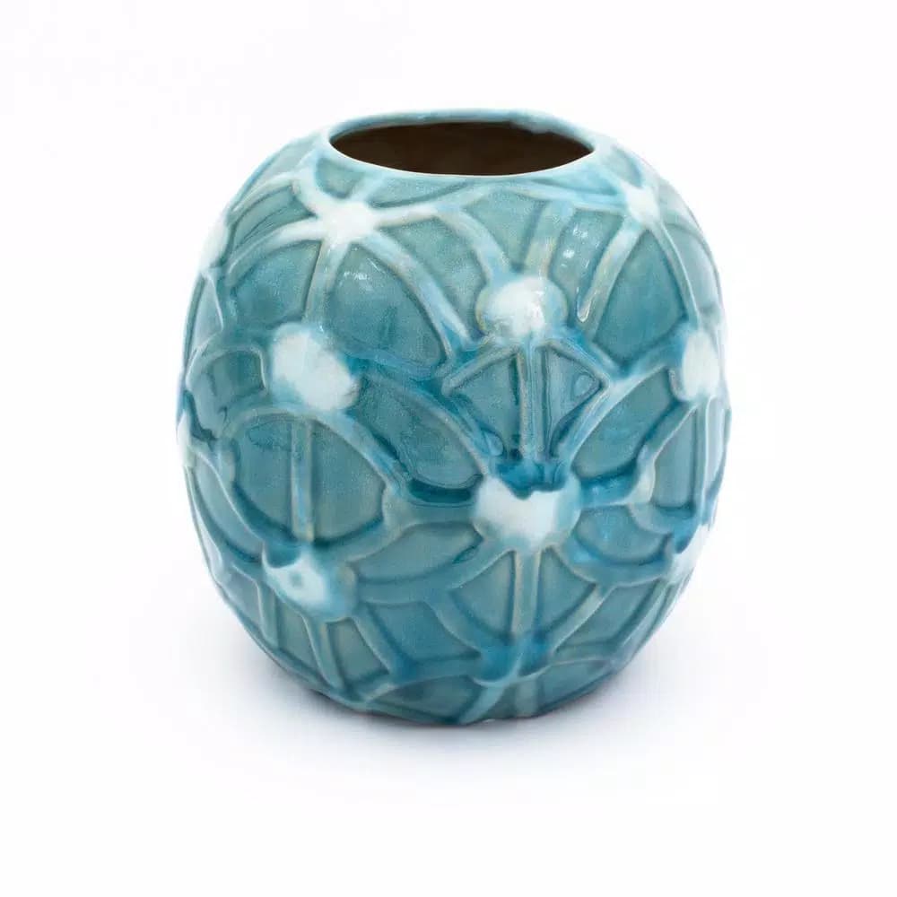 Unbranded Grotto Aqua Rope Emboss Round Stoneware Vase - Turquoise Blue