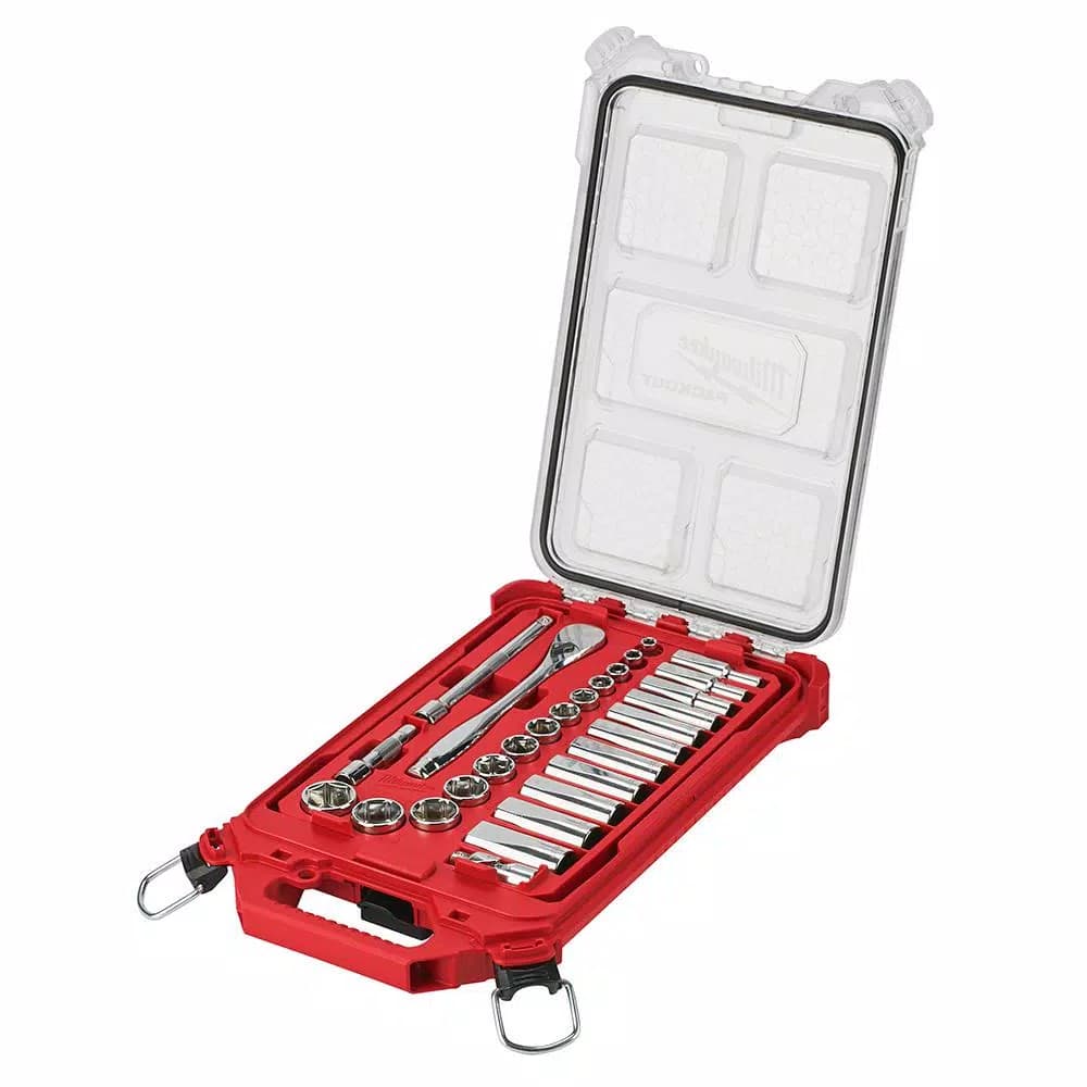 Milwaukee 3/8 in. Drive SAE Ratchet and Socket Set with PACKOUT Compact Organizer, 28-Piece