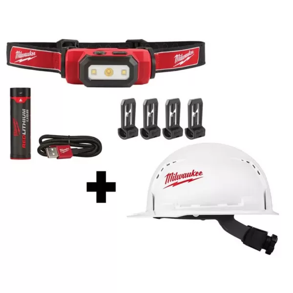 Milwaukee 475 Lumens LED Rechargeable Hard Hat Headlamp w/BOLT White Type 1 Class C Front Brim Vented Hard Hat