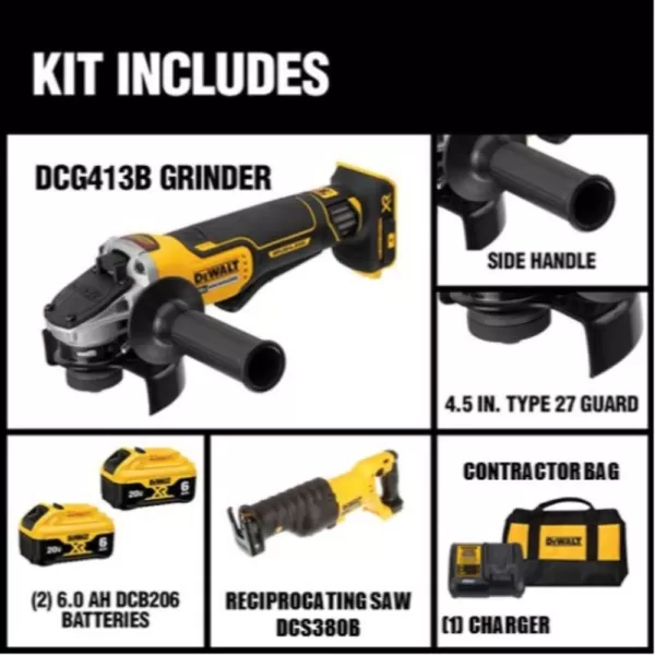 DEWALT 20-Volt MAX XR Cordless Brushless 4-1/2 in. Small Angle Grinder, (2) 20-Volt 6.0Ah Batteries & Reciprocating Saw