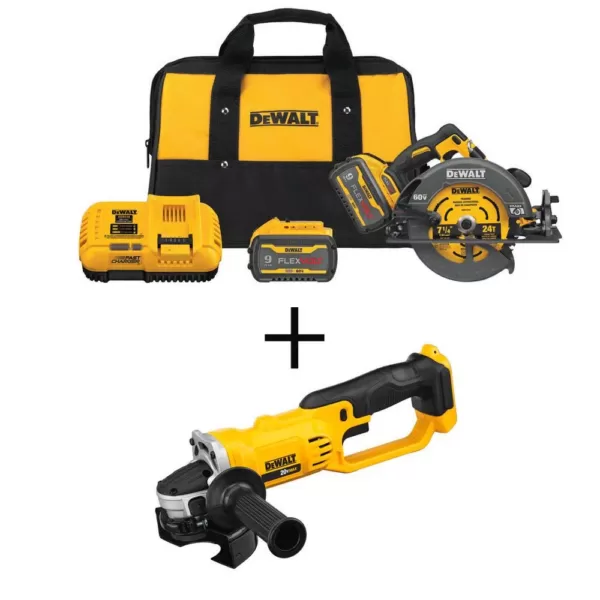 DEWALT FLEXVOLT 60-Volt MAX Cordless Brushless 7-1/4 in. Circular Saw with Brake, (2) FLEXVOLT 9.0Ah Batteries & Grinder