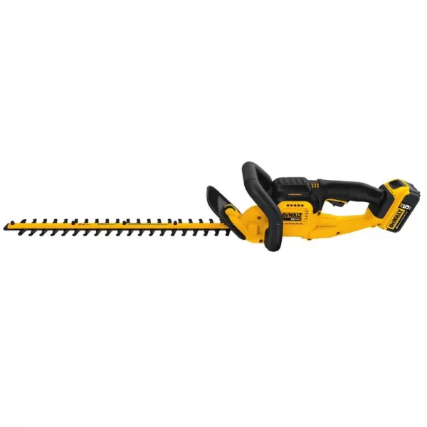 DEWALT 22 in. 20V MAX Lithium-Ion Cordless Hedge Trimmer with (1) 5.0Ah Battery, Charger and Bonus Handheld Leaf Blower