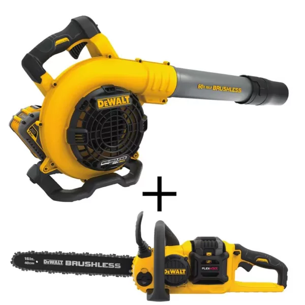 DEWALT 129 MPH 423 CFM 60V MAX Cordless FLEXVOLT Handheld Leaf Blower, (2) 3.0Ah Batteries & Charger w/ Bonus 16 in. Chain Saw