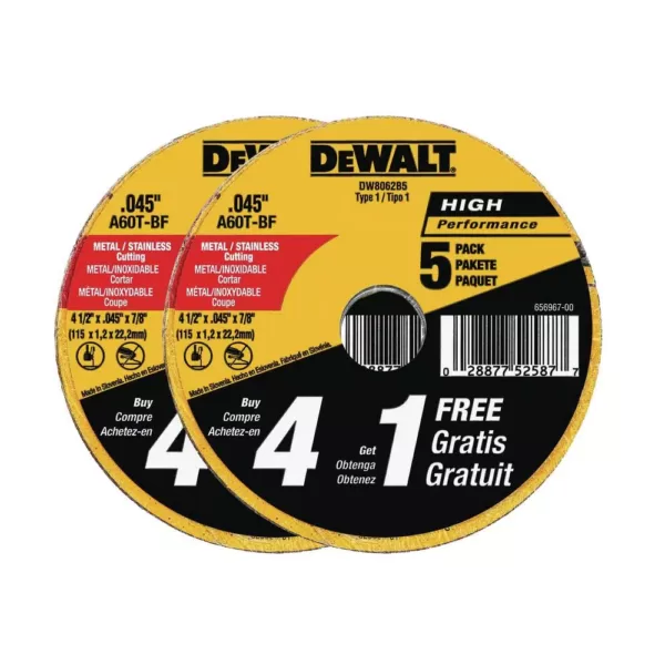 DEWALT 4-1/2 in. x .045 in. x 7/8 in. Metal & Stainless Cutting Wheel (10-Pack) with Black & Gold Drill Bit Set (14-Piece)