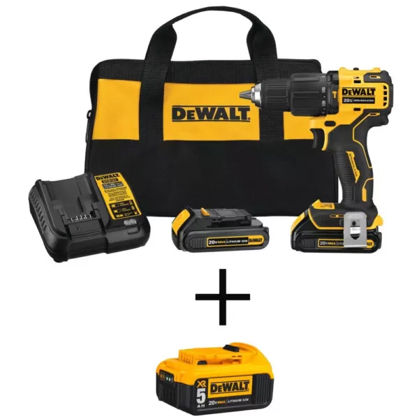 DEWALT ATOMIC 20-Volt MAX Cordless Brushless Compact 1/2 in. Hammer Drill, (2) 20-Volt 1.3Ah & (1) 20-Volt 5.0Ah Batteries