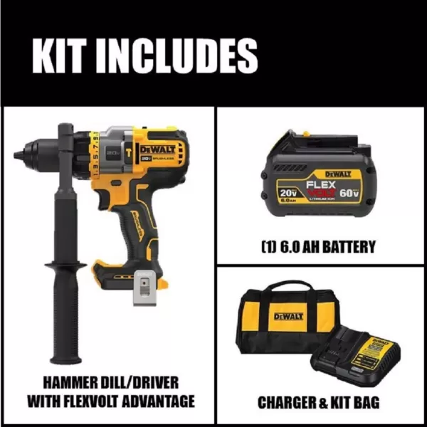 DEWALT 20-Volt MAX Cordless Brushless 1/2 in. Hammer Drill/Driver with FLEXVOLT ADVANTAGE with (1) FLEXVOLT 6.0Ah Battery