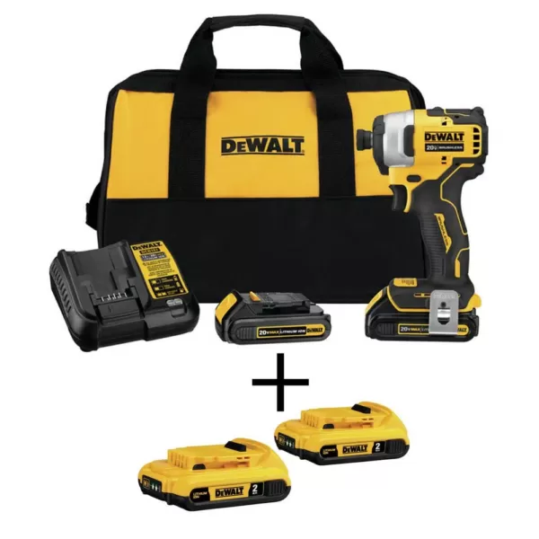 DEWALT ATOMIC 20-Volt MAX Cordless Brushless Compact 1/4 in. Impact Driver, (2) 20-Volt 1.3Ah & (2) 20-Volt 2.0Ah Batteries