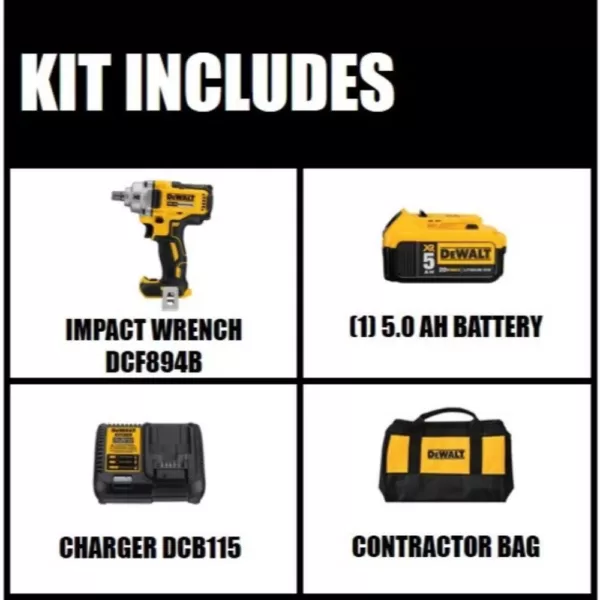 DEWALT 20-Volt MAX XR Cordless Brushless 1/2 in. Mid-Range Impact Wrench Detent Pin Anvil, (1) 20-Volt 5.0Ah Battery & Charger