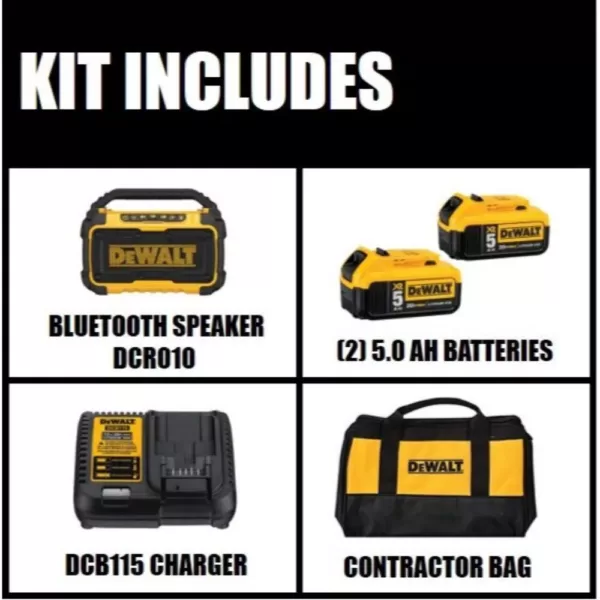 DEWALT 20-Volt MAX Bluetooth Speaker with (2) 20-Volt Batteries 5.0Ah & Charger