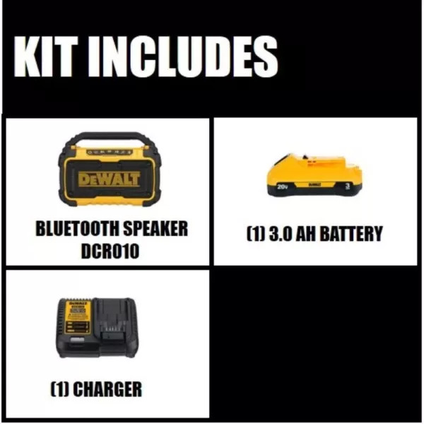 DEWALT 20-Volt MAX Bluetooth Speaker with (1) 20-Volt Battery 3.0Ah & Charger