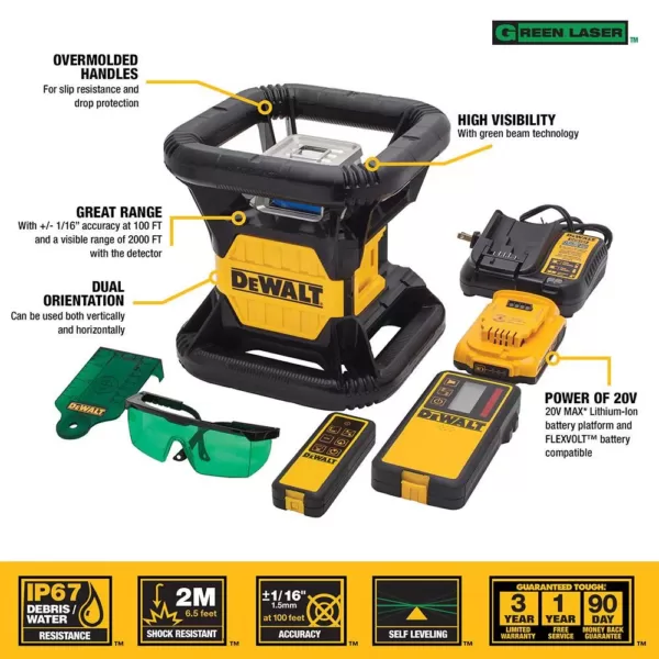 DEWALT 20-Volt MAX Lithium-Ion 250 ft. Green Self-Leveling Rotary Laser Level with (3) Batteries 2Ah, Charger, & TSTAK Case