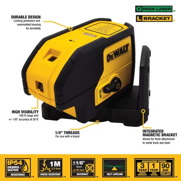 DEWALT 100 ft. Green Self-Leveling 3-Spot Laser Level with (2) AA Batteries & Case