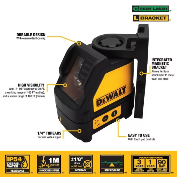 DEWALT 165 ft. Green Self-Leveling Cross Line Laser Level with (3) AAA Batteries & Case