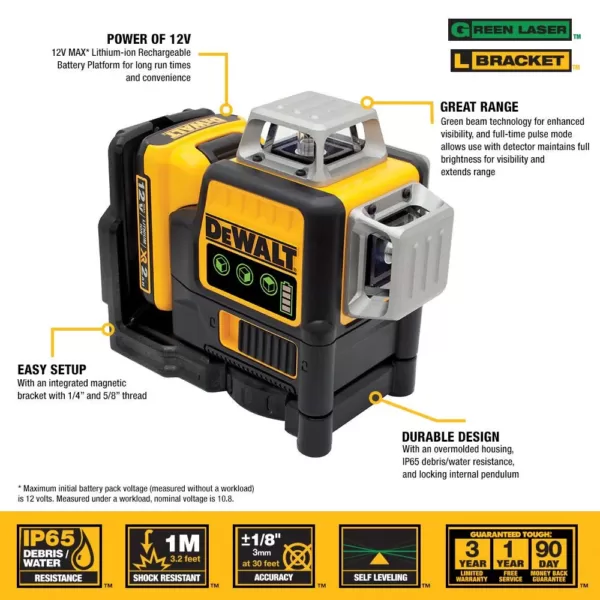 DEWALT 12-Volt MAX Lithium-Ion 100 ft. Green Self-Leveling 3-Beam 360 Degree Laser Level with 2.0Ah Battery, Charger & Case