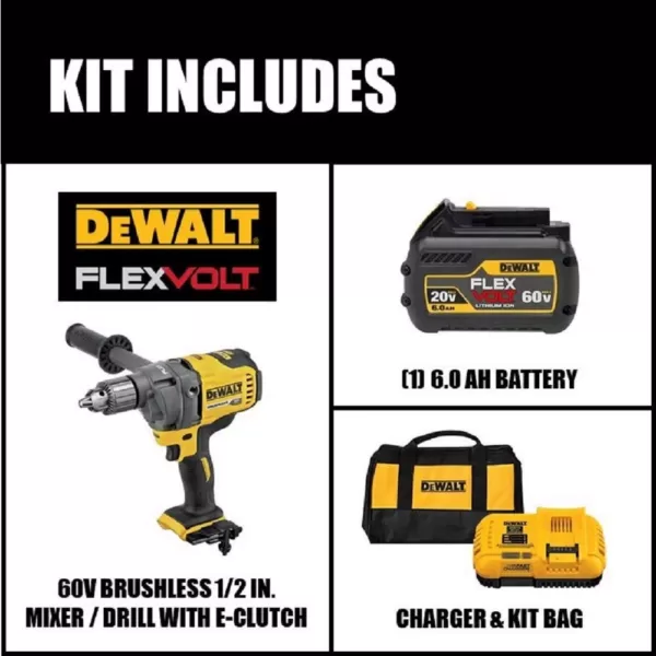 DEWALT FLEXVOLT 60-Volt MAX Cordless Brushless 1/2 in. Mixer/Drill with E-Clutch & (1) FLEXVOLT 6.0Ah Battery