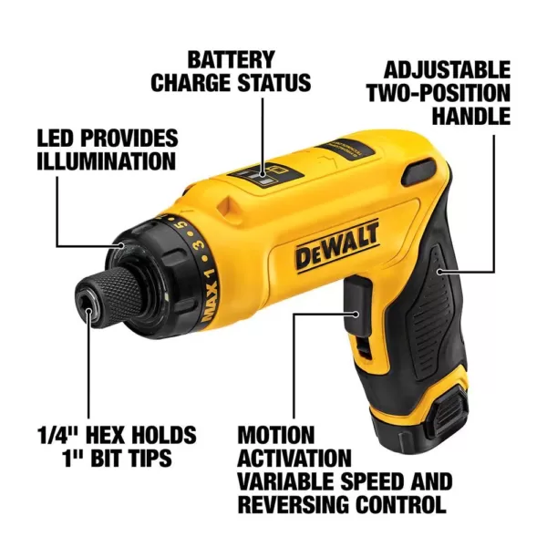 DEWALT 8-Volt MAX Cordless Gyroscopic Screwdriver with Adjustable Handle, (2) 1.0Ah Batteries, Charger & Bag