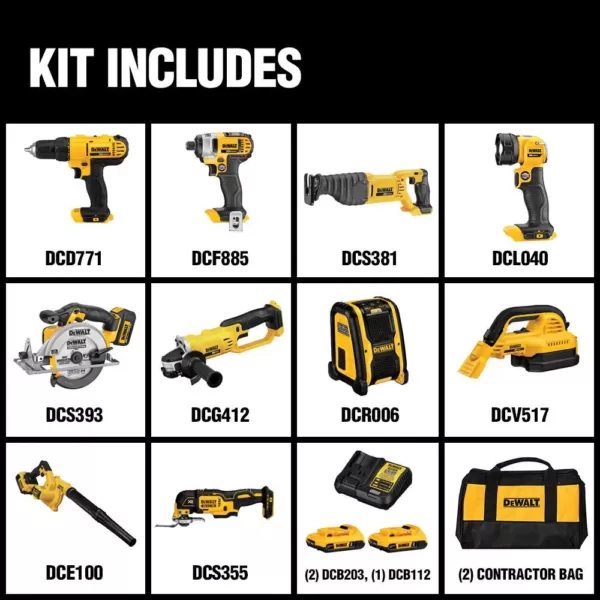 DEWALT 20-Volt Max Cordless Combo Kit (10-Tool) with (2) 20-Volt 2.0Ah Batteries, Charger & Bag