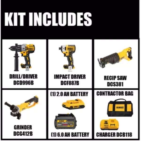 DEWALT 20-Volt MAX Cordless Brushless Combo Kit (2-Tool) with (1) FLEXVOLT 6.0Ah, (1) 20-Volt 2.0 Battery, Recip Saw & Grinder