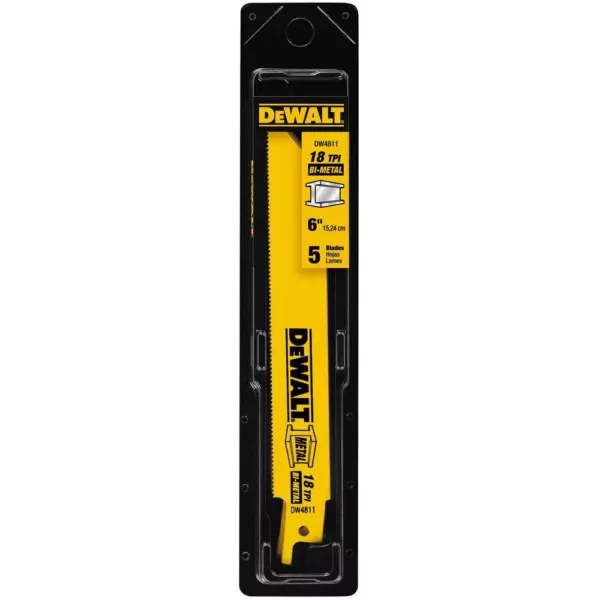 DEWALT 6 in. 18 Teeth per in. Straight Back Bi-Metal Reciprocating Saw Blade (5-Pack)