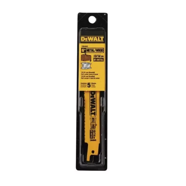 DEWALT 6 in. 10/14 Teeth per in. Straight Back Bi Metal Reciprocating Saw Blade (5-Pack)