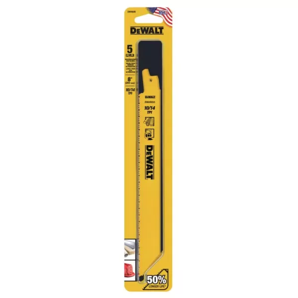 DEWALT 8 in. 10/14 Teeth per in. Straight Back Bi-Metal Reciprocating Saw Blade (5-Pack)