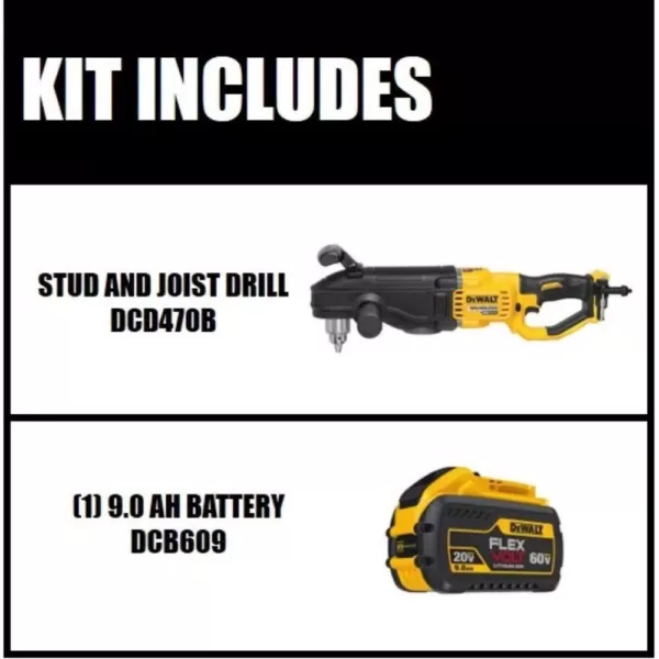 DEWALT FLEXVOLT 60-Volt MAX Cordless In-line 1/2 in. Stud & Joist Drill with E-Clutch & (1) FLEXVOLT 9.0Ah Battery